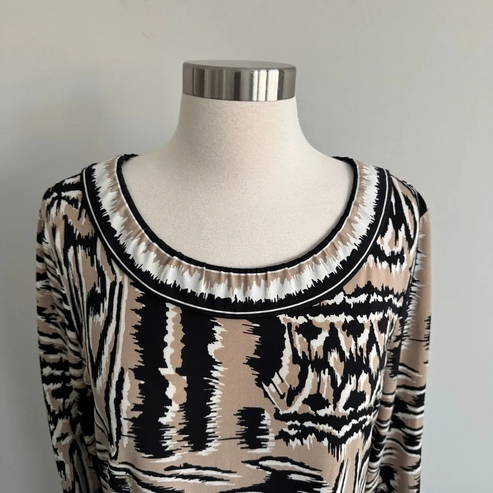 BCBGMaxazria Abstract Tribal Print Shift Dress Tan Black 3/4 Sleeve M - Picture 2 of 7